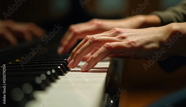 Obraz ピアノの鍵盤を弾く演奏者の手元クローズアップ - クラシック、ジャズ、音楽、芸術、優雅なパフォーマンスのイメージ