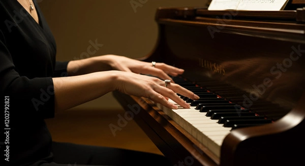 Obraz グランドピアノを演奏する女性ピアニストの手元 - 優雅な音楽、クラシック、芸術、コンサート、リサイタルのクローズアップ