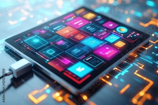 Fototapeta Futuristic tablet displays vibrant app icons.