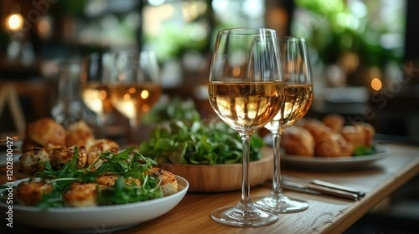 Fototapeta A beautifully set dining table with glasses of wine and an assortment of delicious food.