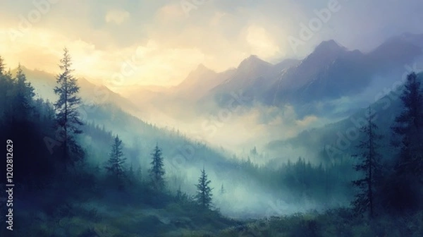 Obraz Misty mountain landscape at sunrise, showcasing a valley filled with evergreen trees and shrouded in fog, with majestic peaks in the background.