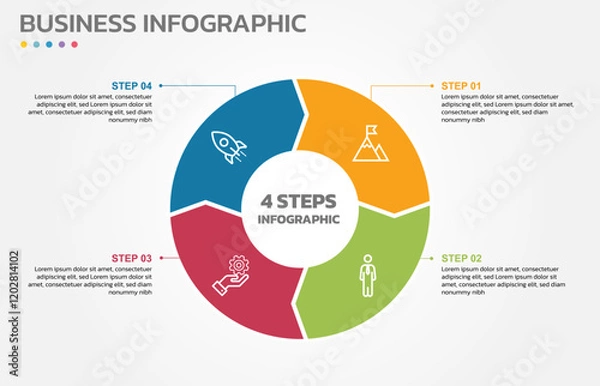 Fototapeta Visual data presentation. Cycle diagram with 4 options. Pie Chart Circle infographic template with 4 steps, options, parts, segments. Business concept. Marketing infographic vector illustration.
