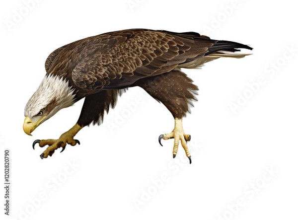 Fototapeta Majestic bald eagle in flight, powerful talons extended, isolated on white background. Perfect for wildlife, nature, freedom, and power concepts.