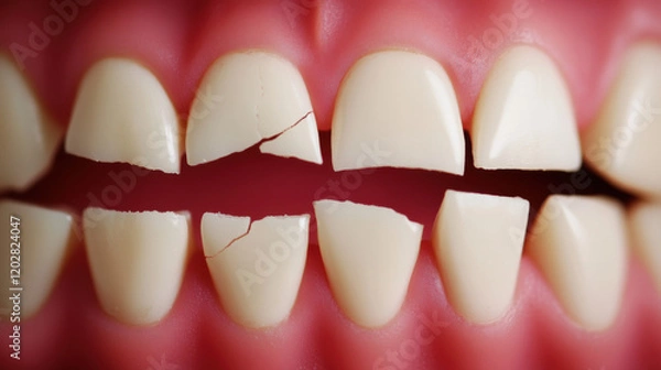 Fototapeta Teeth and tooth, Close-up of cracked teeth, showcasing two distinct broken sections amidst a backdrop of pink gums, highlighting dental issues.