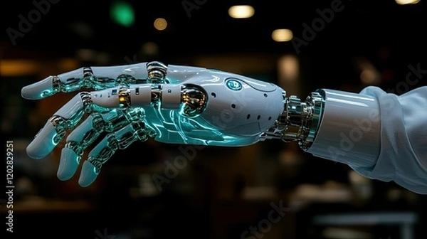 Obraz A futuristic robotic hand showcasing advanced technology and design.
