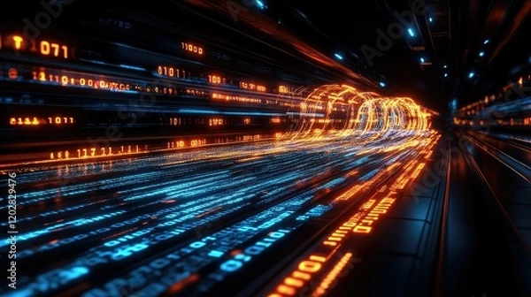 Obraz A futuristic tunnel illuminated by vibrant data streams, symbolizing digital connectivity and speed.