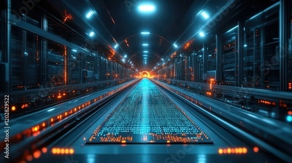 Obraz A futuristic tunnel filled with glowing data streams and vibrant lights, suggesting advanced technology.