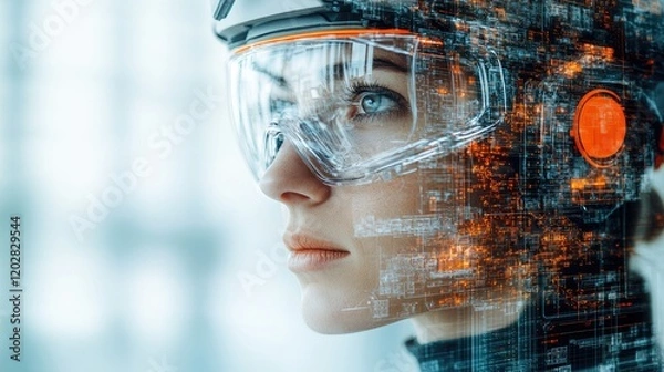 Obraz A futuristic woman wearing a high-tech visor, surrounded by digital data and graphics.