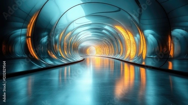 Obraz A futuristic, illuminated tunnel with smooth curves and reflective surfaces creating a surreal atmosphere.