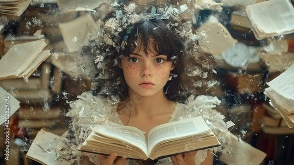 Obraz A girl surrounded by floating books, conveying a sense of wonder and imagination.