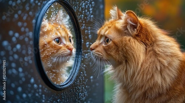Obraz A ginger cat gazes at its reflection in a raindrop-speckled mirror.