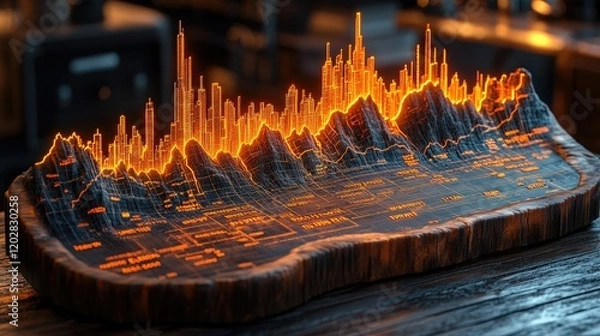 Obraz A glowing 3D model of a mountain range with city skyline, showcasing topographical features.