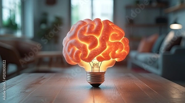 Obraz A glowing brain-shaped light bulb on a wooden table, symbolizing creativity and ideas.