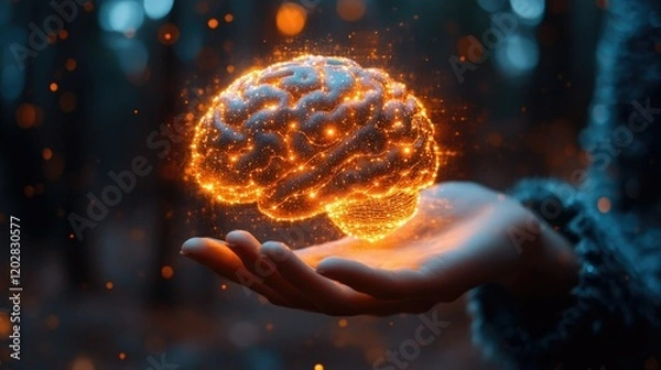 Fototapeta A glowing brain held in a hand, symbolizing knowledge and creativity in a mystical forest setting.