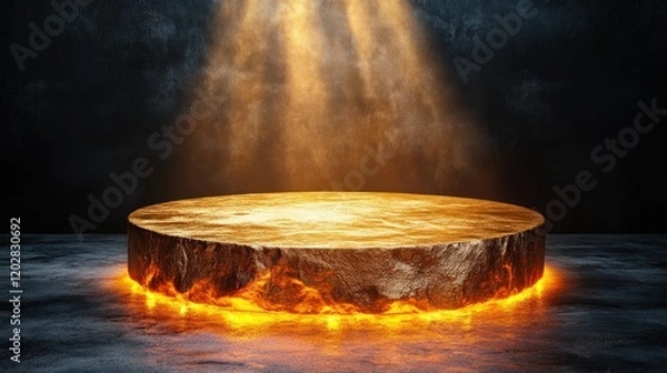 Obraz A glowing circular platform illuminated by beams of light, suggesting a dramatic or mystical setting.
