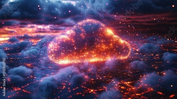 Obraz A glowing cloud formation amidst a colorful sky, symbolizing digital connectivity and technology.