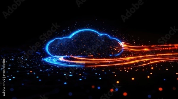 Fototapeta A glowing cloud icon with colorful data streams, representing cloud computing and digital connectivity.