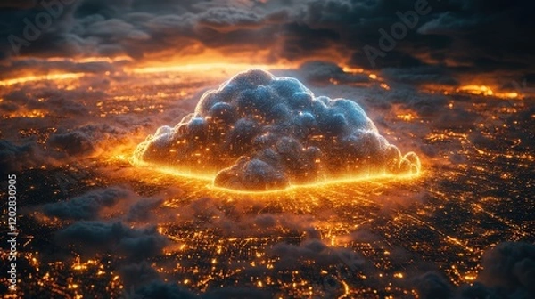 Obraz A glowing cloud over a cityscape, creating a surreal, atmospheric scene.
