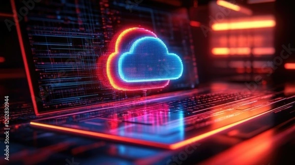 Fototapeta A glowing cloud symbol over a laptop, representing cloud computing and digital technology.