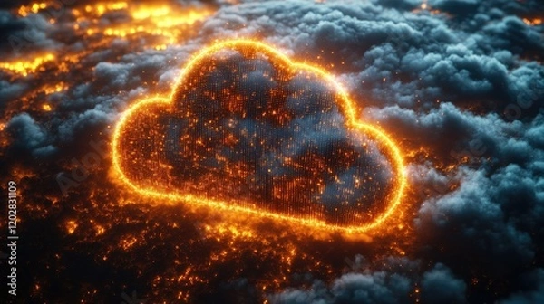 Obraz A glowing cloud-shaped symbol amidst fiery, textured clouds, representing digital storage or data.