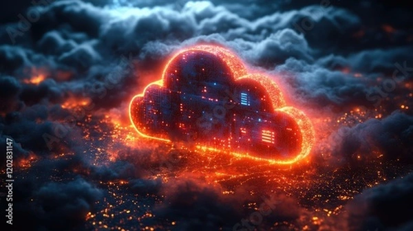 Obraz A glowing digital cloud amidst dark, smoky textures, symbolizing technology and data storage.