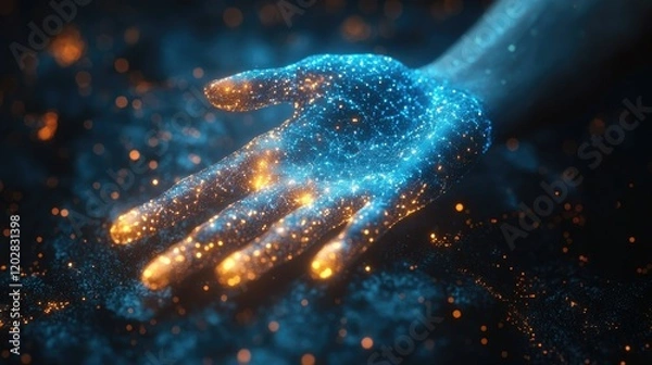 Obraz A glowing hand with sparkling particles, symbolizing creativity and connection.