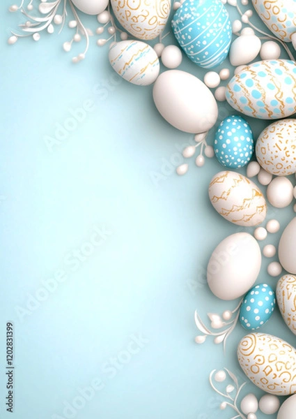Fototapeta A blue and white background with a row of eggs on it. The eggs are of different sizes and are placed in a way that they create a sense of depth and dimension