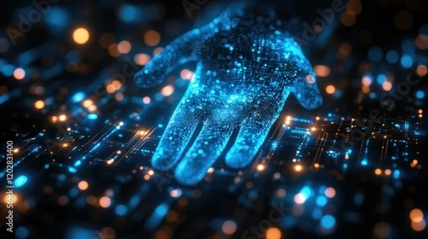 Obraz A glowing digital hand reaching out over a circuit-like background, symbolizing technology and innovation.