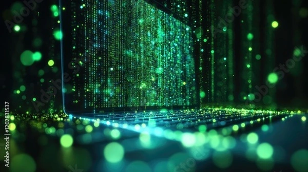 Fototapeta A glowing laptop with digital data streams, symbolizing technology and information.