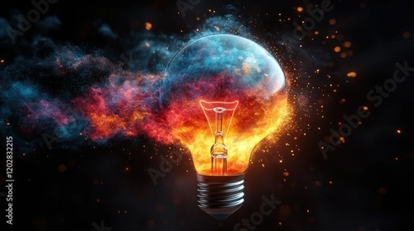 Obraz A glowing light bulb surrounded by vibrant flames and colorful smoke, symbolizing creativity and innovation.