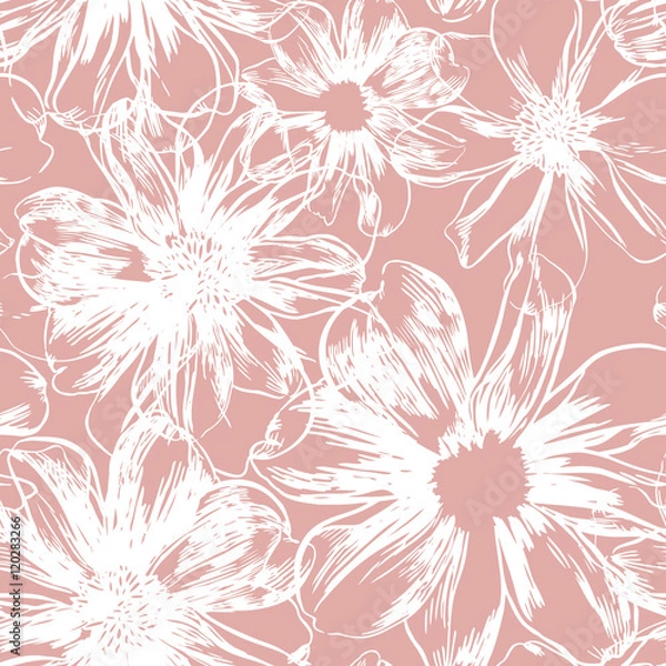 Fototapeta Vector seamless pattern with hand-drawn ink flowers