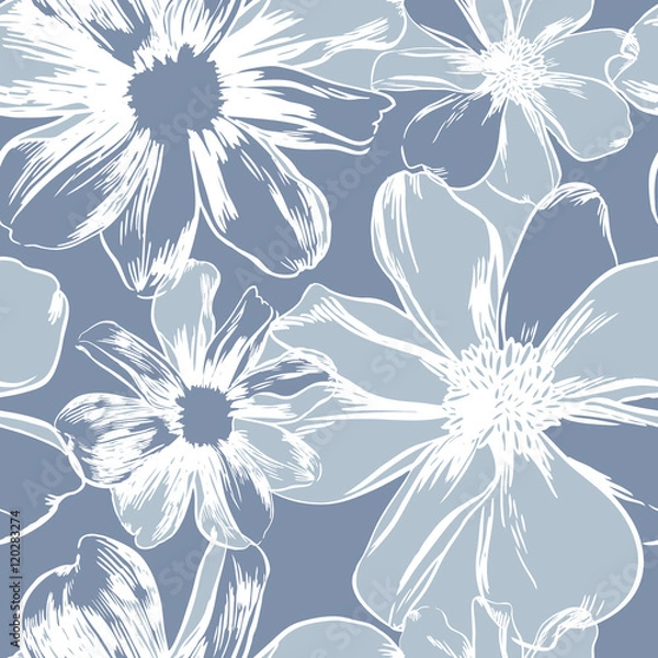 Obraz Vector seamless pattern with hand-drawn ink flowers