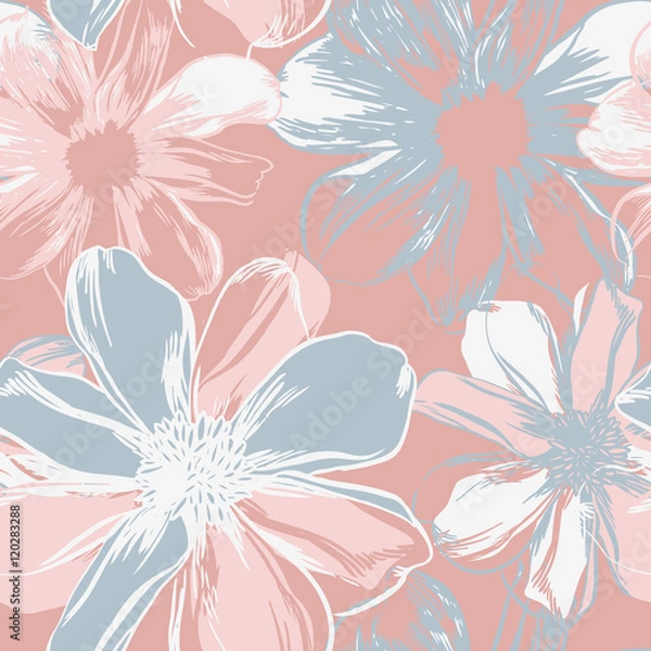 Obraz Vector seamless pattern with hand-drawn ink flowers