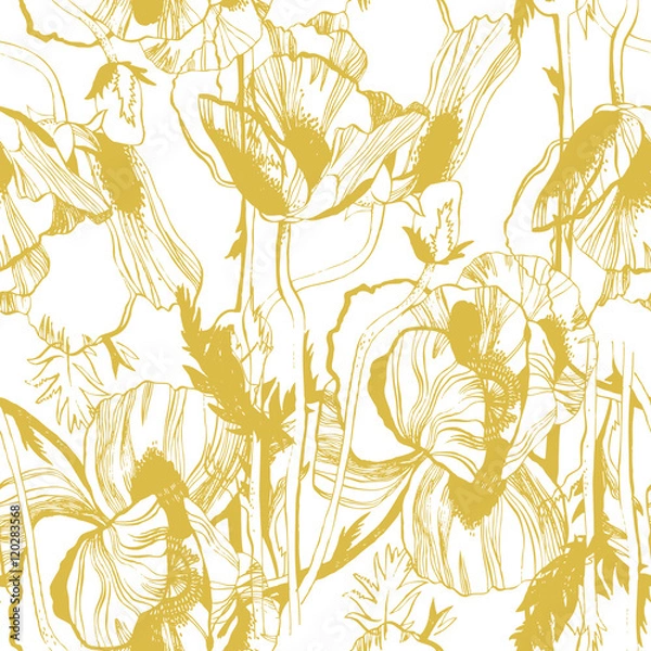 Fototapeta Vector seamless pattern with hand-drawn ink flowers