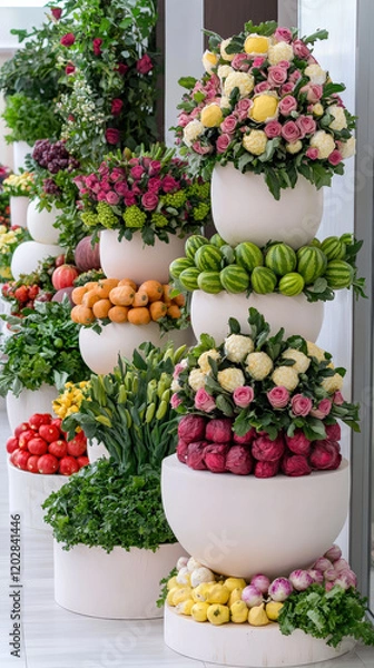 Fototapeta Stunning market display with colorful fruits and flowers arranged in tiers, showcasing vibrant produce and floral arrangements