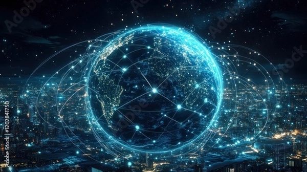 Fototapeta A futuristic digital globe over a city skyline, showcasing global connectivity at night