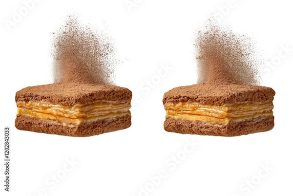 Fototapeta Two delicious caramel and chocolate cakes levitate, sprinkled with cocoa powder, against a clean white background.  Perfect for dessert menus, baking blogs, or food advertising.