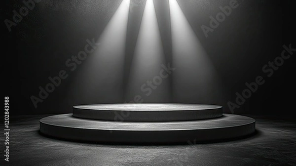 Fototapeta A minimalist stage with three circular platforms illuminated by dramatic overhead lights.