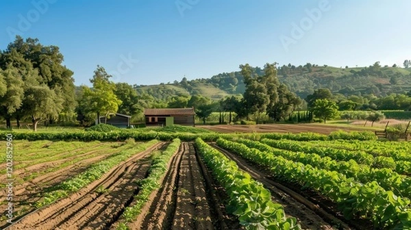 Fototapeta A small farm with fields, trees, and a wooden farmhouse in the distance.