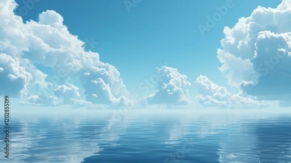 Fototapeta Calm ocean scene with fluffy clouds reflecting on tranquil water under a clear blue sky.