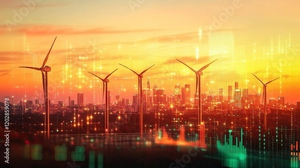 Fototapeta Three wind turbines set against the backdrop of a cityscape at dusk