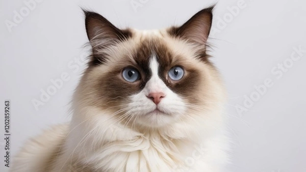 Fototapeta Portrait of Chocolate point ragdoll cat on grey background