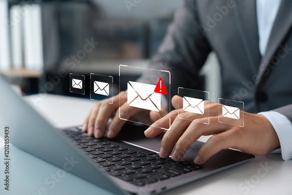 Fototapeta Email security, spam virus alert in email, businessman using smartphone to access email protected virtual screen, internet communication and network security.