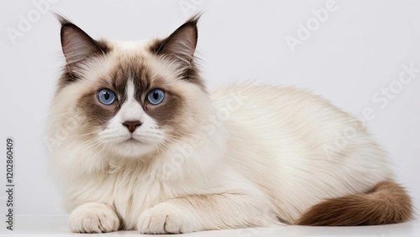 Obraz Portrait of Chocolate point ragdoll cat on grey background