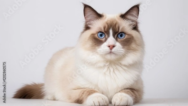 Fototapeta Portrait of Chocolate point ragdoll cat on grey background