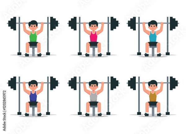 Fototapeta Men at gym flat icon vector set weightlifting color cartoon