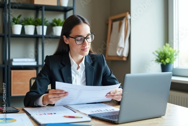 Obraz Professional Businesswoman Analyzing Financial Reports on Laptop While Sitting at Desk with Chart Papers and Green Plants in Modern Office Workspace
