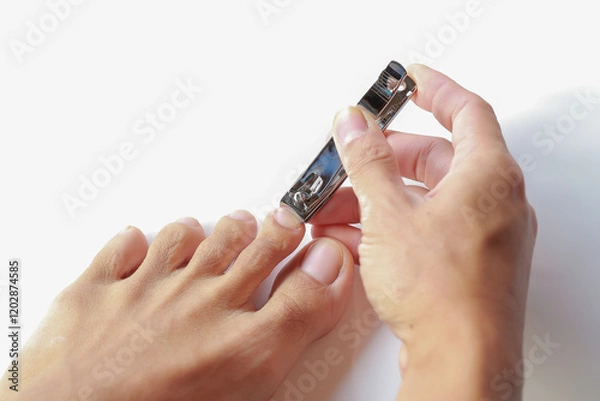 Obraz A Man will cut his nails with tweezers on a white background. Nail care illustration for good hygiene.