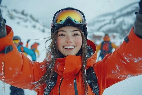 Obraz A joyful skier in an orange jacket smiles amidst a snowy landscape with fellow skiers.