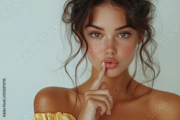 Obraz A close-up portrait of a young woman with a playful expression, finger on lips, suggesting secrecy.